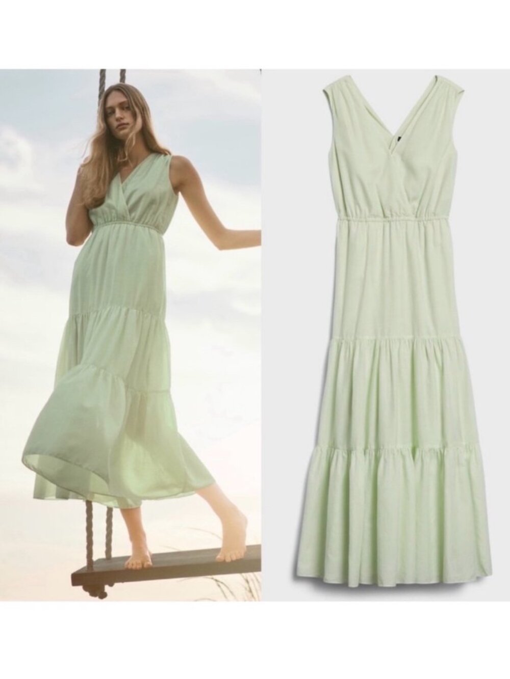 Banana Republic Organic Cotton Tiered Maxi Dress Honeydew Green Size Small